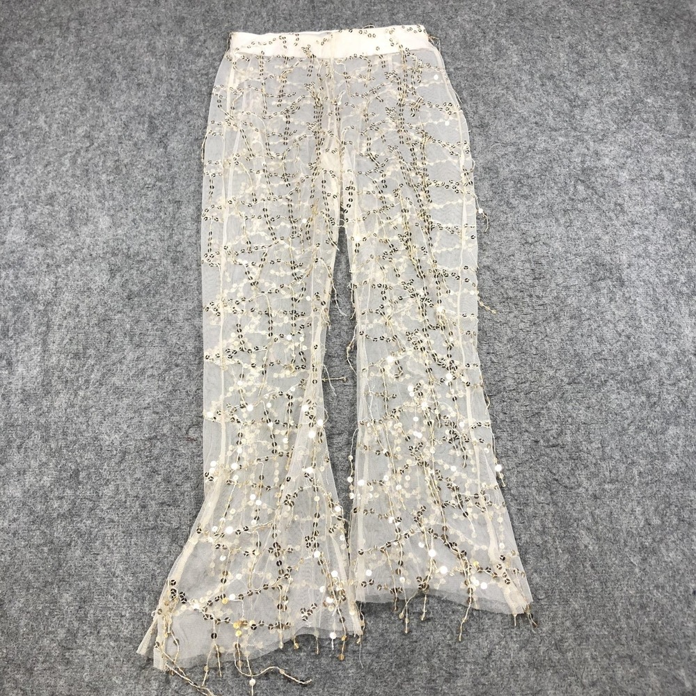 Lucy In The Sky Pants Womens Small White Mesh Sequin Sheer High Rise Flare Leg